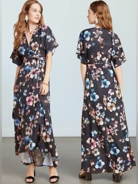 Anthropologie Monaco Hutch Black Floral Wrap Maxi Dress Size Small